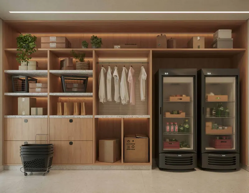 Espaço delivery do Ipanema Almar com armários e geladeiras para encomendas