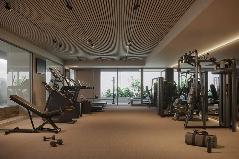 Complexo fitness by Technogym do Ipanema Almar com vista para o jardim