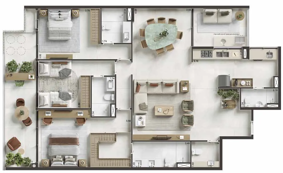 Planta do apartamento de 3 suítes de 153,55 m² do Ipanema Almar, finais 01 do 2º ao 15º pavimento