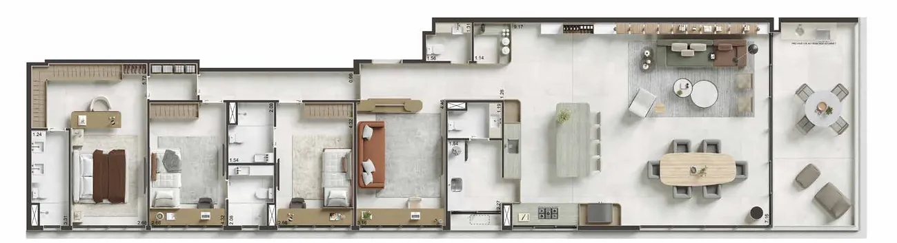 Planta do apartamento de 4 suítes de 208,14 m² do Ipanema Almar, finais 03 do 2º ao 13º pavimento
