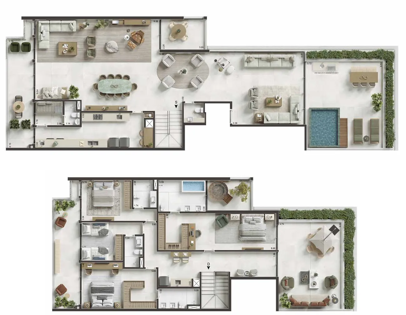 Planta da cobertura duplex de 4 suítes de 437,86 m² do Ipanema Almar, pavimentos inferior e superior