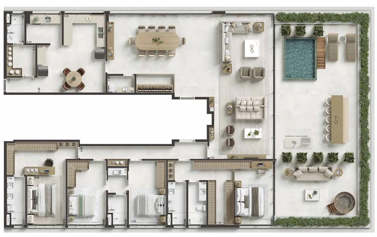 Planta da penthouse de 4 suítes de 346,45 m² do Ipanema Almar, apartamento 1503, com terraço e piscina