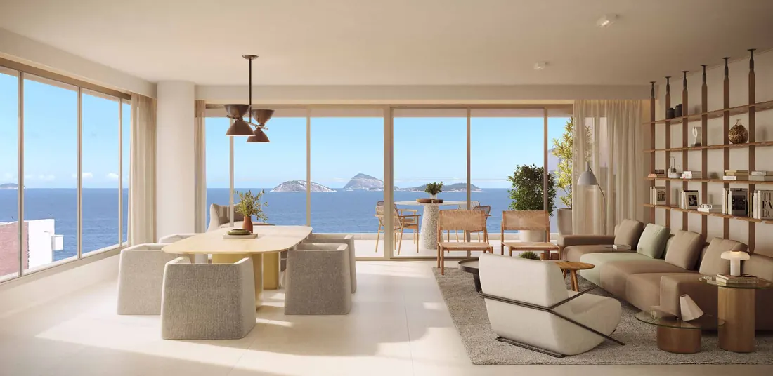 Sala de apartamento do Ipanema Almar com janelas amplas e vista para o mar e as Ilhas Cagarras