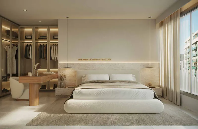 Suíte master do Ipanema Almar com closet e decoração em tons neutros